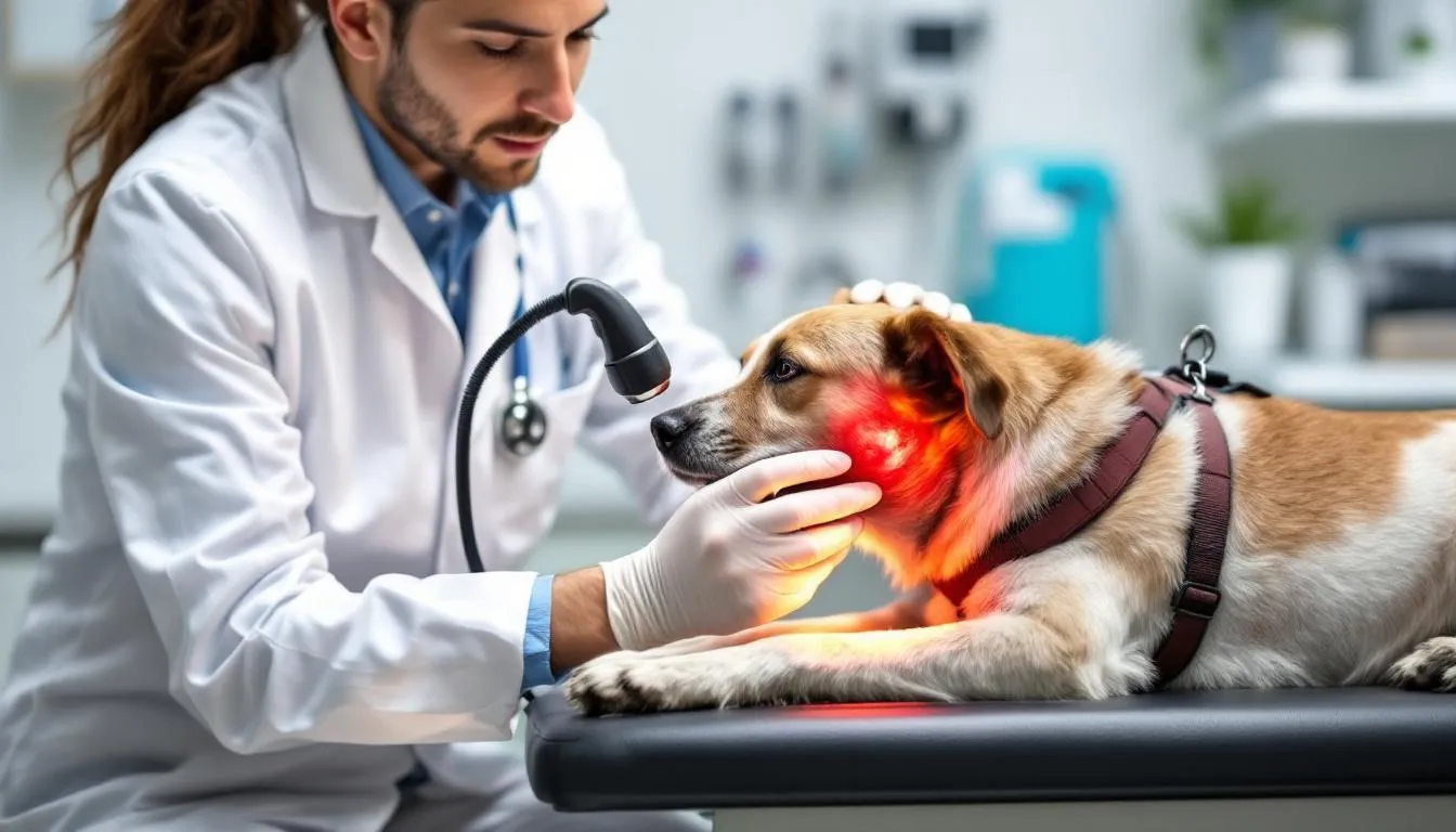 A veterinarian is closely examining a dog