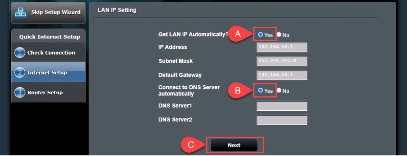 LAN IP Setting screen in a router's internet setup page 