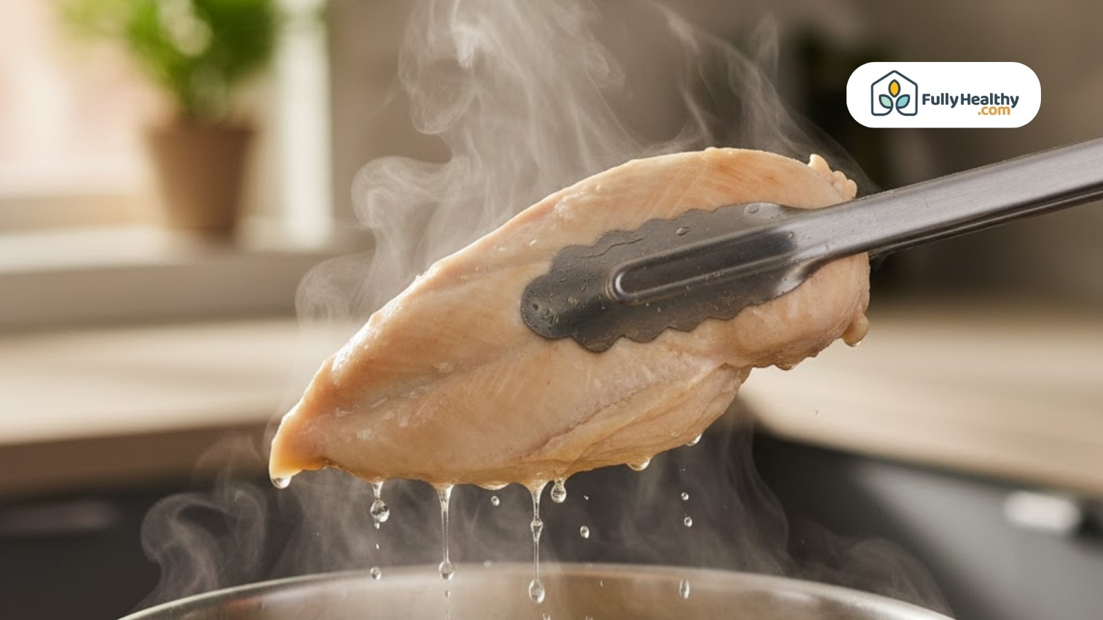 Cooked chicken breast held above steaming pot with kitchen tongs