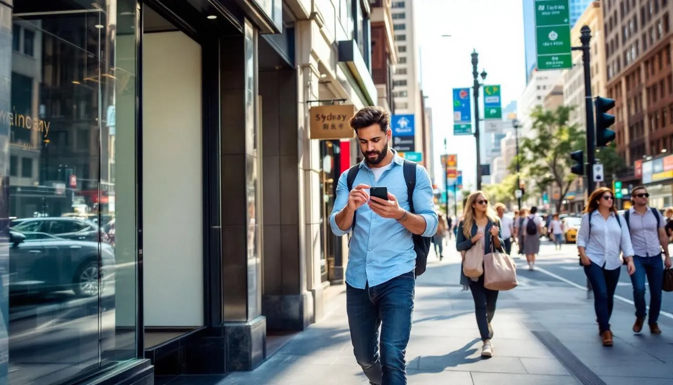 A person is walking through the bustling Sydney CBD while using their smartphone to search for local Australian businesses, highlighting the importance of search engine optimisation for enhancing online visibility and attracting customers. The scene captures the vibrant city life and the integration of technology in everyday activities. A person is walking through the bustling Sydney CBD while using their smartphone to search for local Australian businesses, highlighting the importance of search engine optimisation for enhancing online visibility and attracting customers. The scene captures the vibrant city life and the integration of technology in everyday activities.