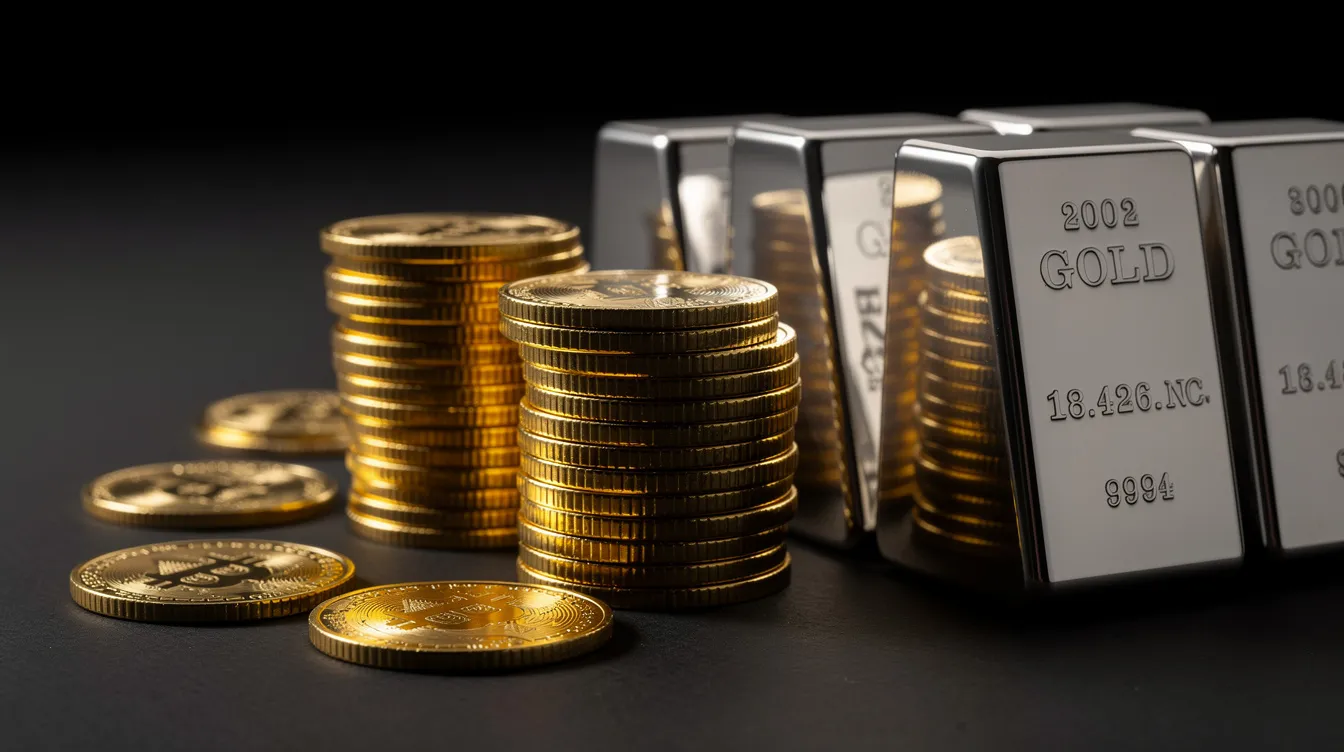 The image features a collection of shiny gold coins and silver bars meticulously arranged on a dark surface, highlighting the allure of precious metals such as gold and silver, often considered valuable assets for retirement savings and investment strategies. This visual representation emphasizes the appeal of physical precious metals in the context of retirement accounts and wealth protection.