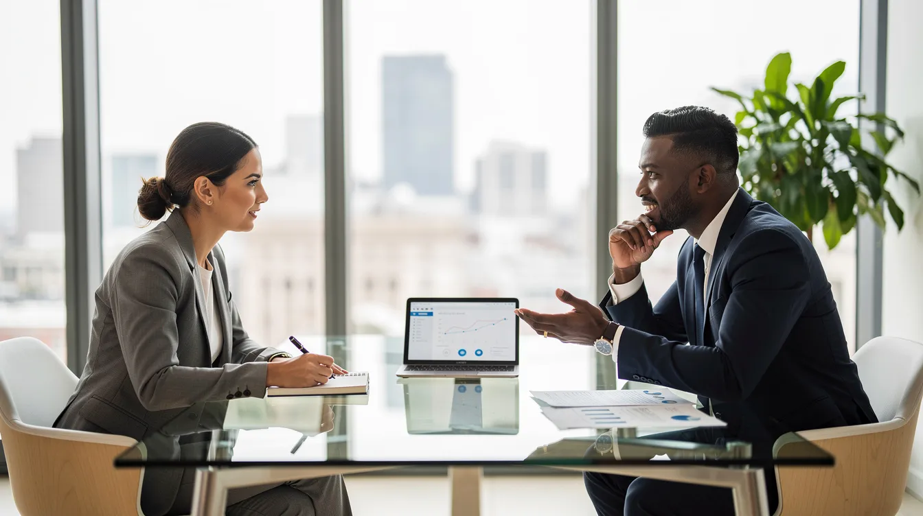 The image depicts two professionals engaged in a consultation within a modern office setting, discussing legal documents related to divorce and legal separation. They are seated at a sleek table, with a computer and various papers in front of them, indicating a focus on relevant information and compliance with court procedures.