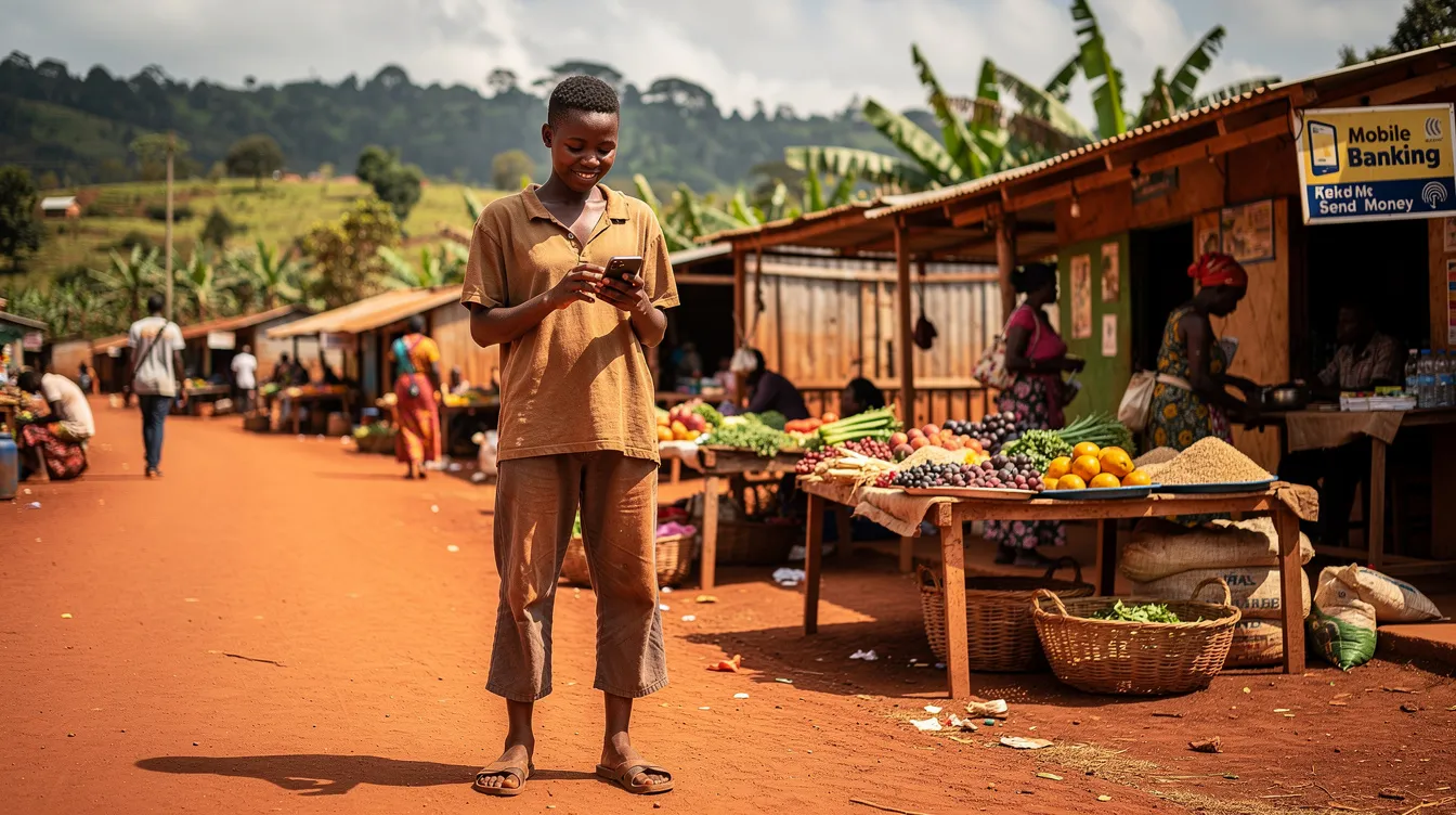 A person is using a smartphone for mobile banking in a rural Rwandan setting, near a small market, reflecting the growing access to digital financial services and banking solutions in the community. The scene highlights the importance of financial inclusion and the role of commercial banks in improving lives through technology.