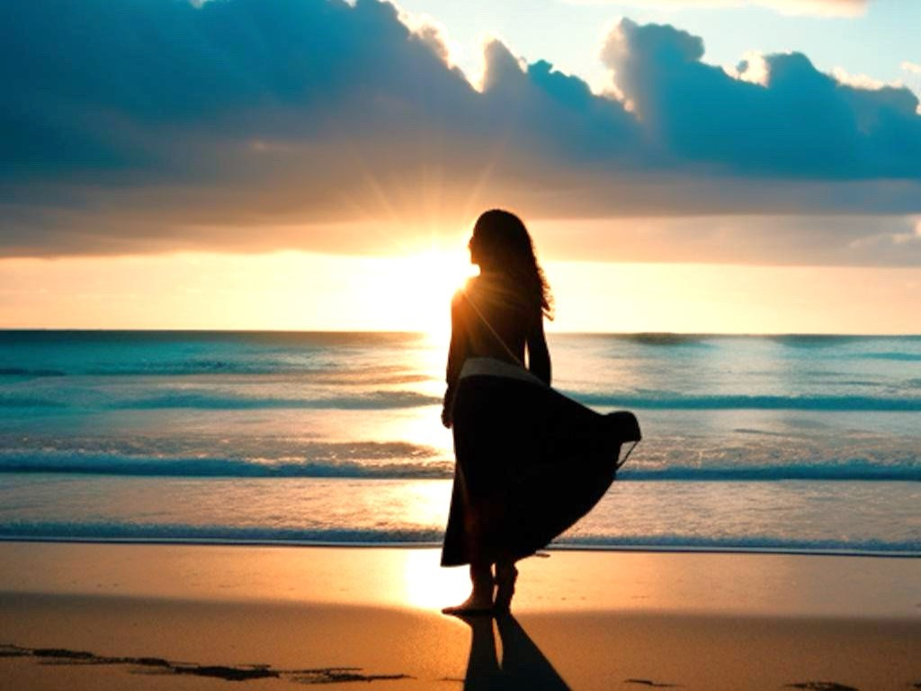 A silhouette of a woman in a dress stands on the shore beach facing the sunset.