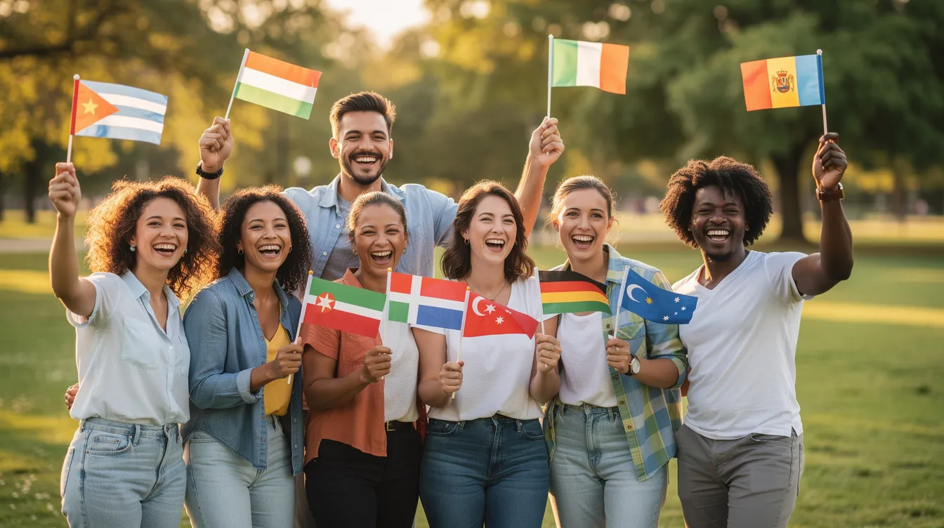 The image depicts a joyful group of people from diverse backgrounds celebrating outdoors, each holding small flags, symbolizing unity and the spirit of community. This gathering reflects the essence of UK citizenship, showcasing individuals who may be on their journey towards becoming British citizens or celebrating their settled status in the United Kingdom.