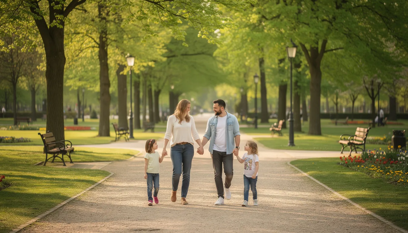Rodzina spacerująca po zielonym parku z dużymi drzewami, cieszy się świeżym powietrzem i pięknem natury. W tle widać alejki, które zachęcają do odkrywania uroków prestiżowych dzielnic Warszawy, takich jak Żoliborz, idealne miejsce dla osób poszukujących wymarzonej nieruchomości.