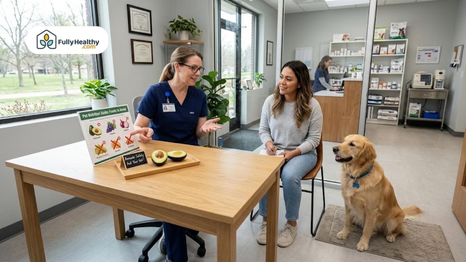 Veterinarian advising pet owner about safe foods while dog sits nearby