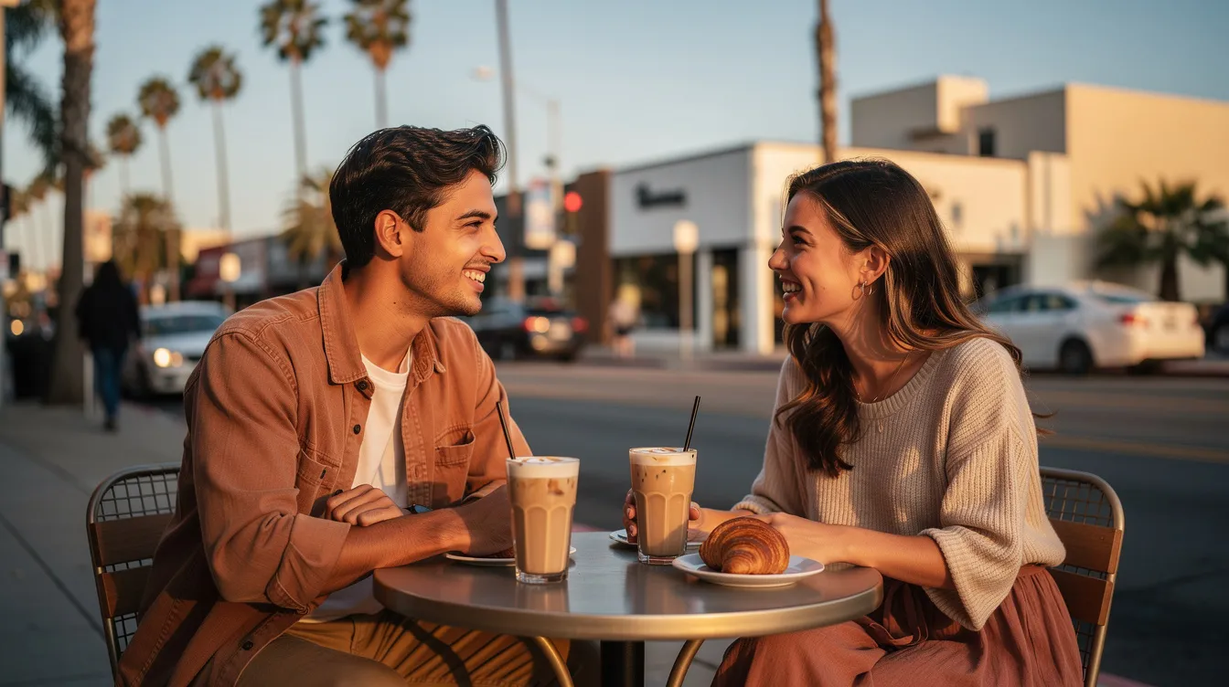 An inviting coffee date scene in Los Angeles features two singles seated at a cozy café, enjoying their drinks and engaging in conversation. The relaxed environment encourages connection, making it a perfect setting for meeting new people and exploring the vibrant dating scene in the city.