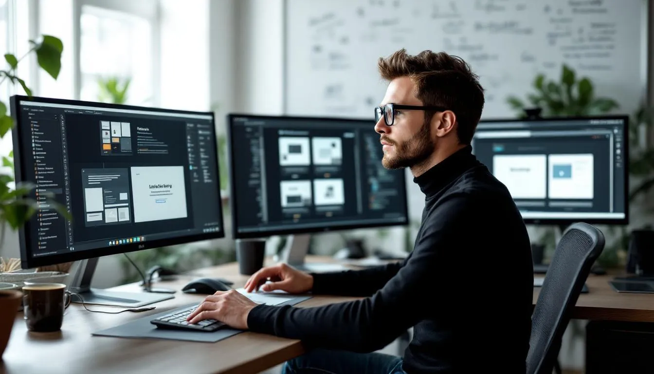 A professional web designer is focused on multiple computer screens displaying various website layouts for designing a small business website and an online store. The screens showcase design elements, including high-quality images and social media links, highlighting the tools available for creating an effective online presence.