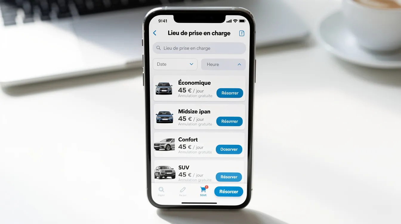 L'image montre un smartphone affichant une application de réservation de voiture, présentant différentes options de véhicules disponibles pour la location. Cette interface permet aux utilisateurs de consulter les disponibilités et de gérer leurs réservations en toute sécurité.