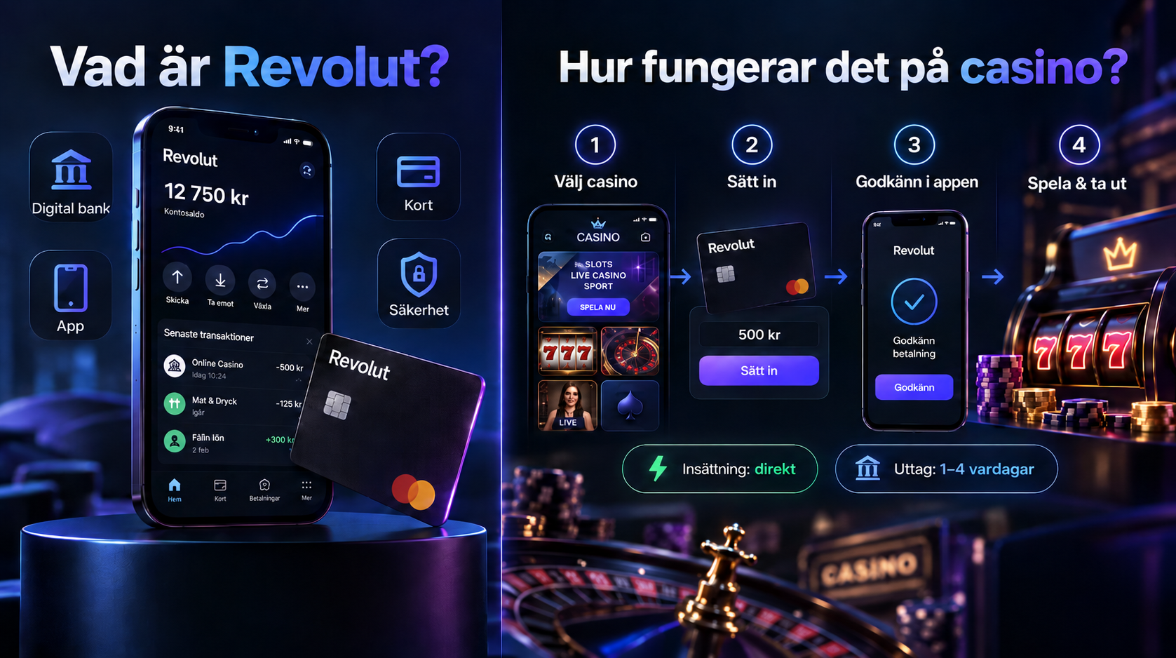 Illustration av hur Revolut casino fungerar, från digital bank och betalkort till att sätta in och ta ut pengar via Visa och Mastercard.