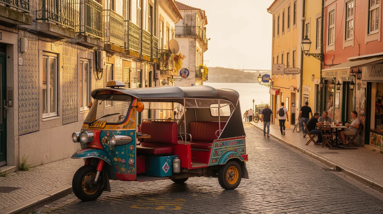 Um tuk-tuk colorido percorre as ruas de Lisboa, em Portugal, com o rio Tejo ao fundo. Ao redor, é possível ver a arquitetura histórica da cidade, incluindo o Mosteiro dos Jerónimos e o Castelo de São Jorge, enquanto turistas desfrutam da atmosfera vibrante do centro histórico.