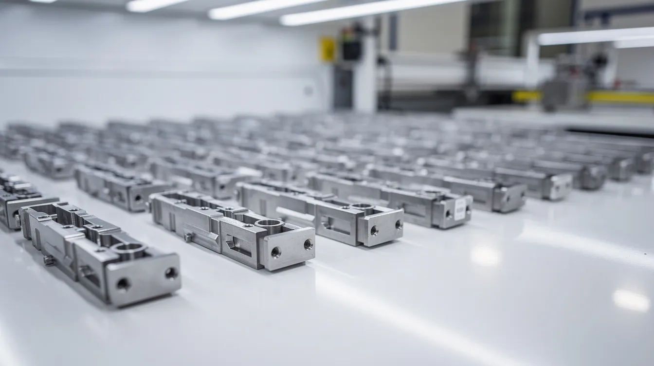 The image shows rows of finished precision machined metal parts neatly arranged on an inspection table within a clean factory environment, highlighting the consistent quality and attention to detail in the metal fabrication process. This setting emphasizes the importance of quality control and established quality systems used by precision metal manufacturers.