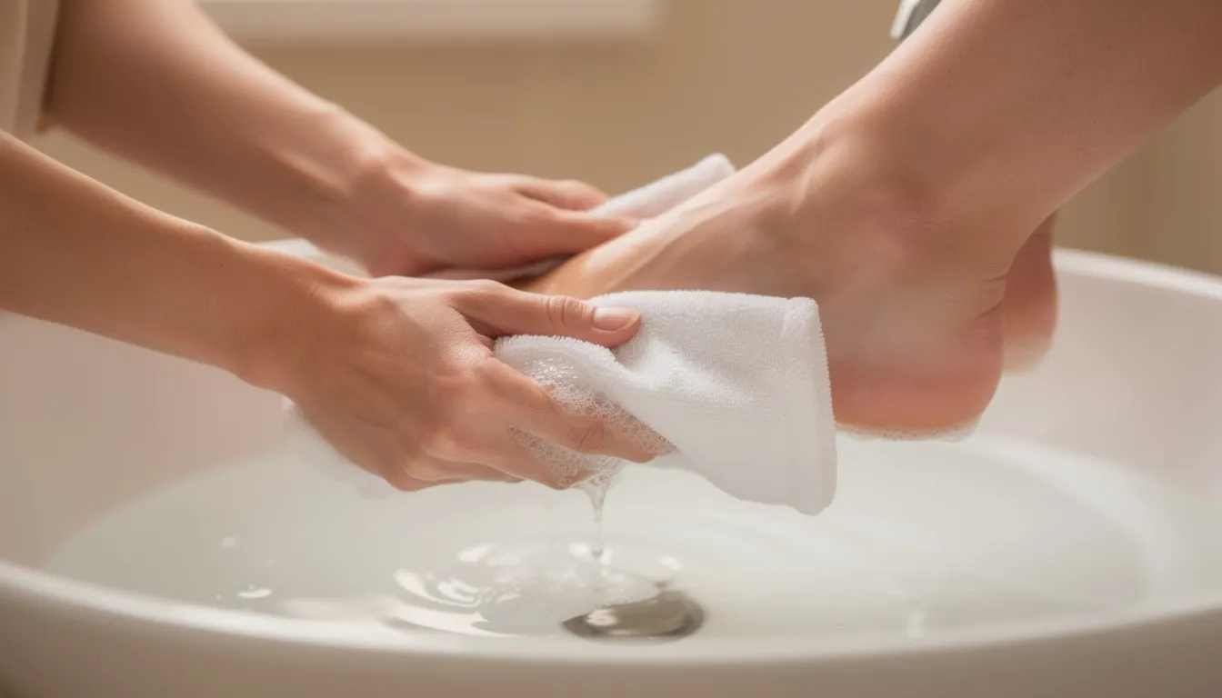 The image shows a pair of hands gently washing feet with a soft washcloth and mild soap, emphasizing the importance of daily foot care for overall foot health, particularly for people with diabetes. This routine helps prevent foot problems and complications associated with diabetes, such as poor circulation and nerve damage.