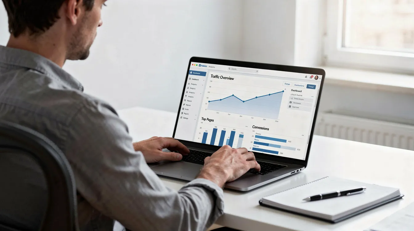A person is seated at a desk, focused on working with a laptop displaying a website dashboard that includes elements of web hosting services and analytics. The scene conveys the essence of managing an online store, highlighting the importance of a reliable hosting provider for small businesses.