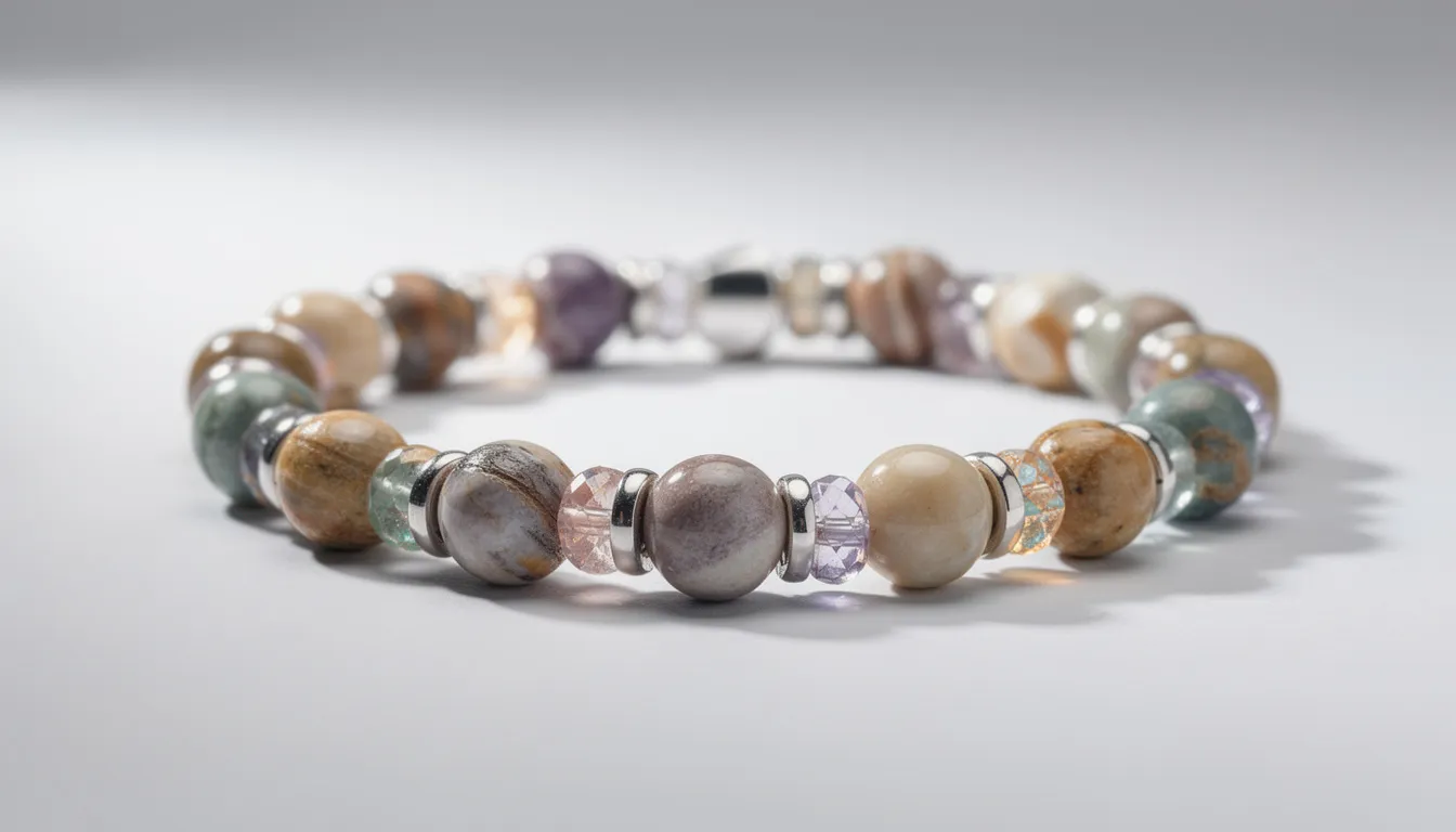 The image depicts a finished bracelet made from a combination of semi precious gemstone beads, including rose quartz and tiger eye, interspersed with silver metal spacers and small glass accent beads. This elegant piece showcases the beauty and variety of semi precious stones, making it a perfect choice for jewellery makers and crafters alike.