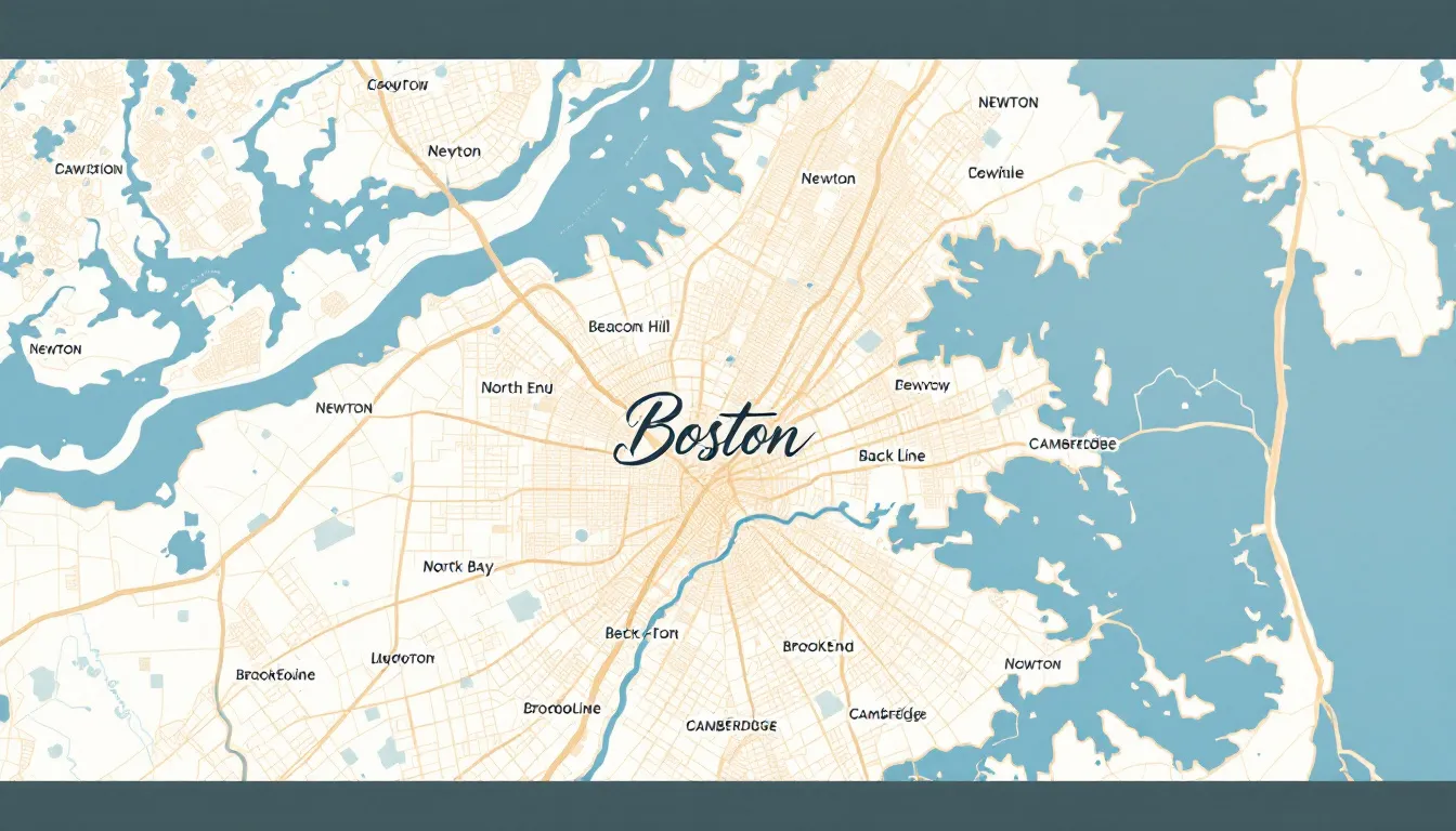 A map highlighting neighborhoods and suburbs covered by Boston kitchen remodeling companies.