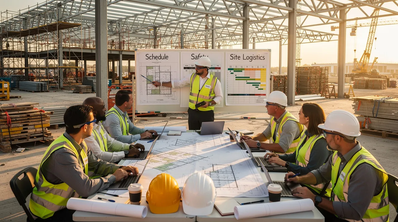 A construction leadership team is gathered around a table on a commercial project site, actively discussing their staffing strategy to address skilled labor shortages and ensure successful project outcomes. They are focused on planning for the workforce needs, including hiring qualified candidates and filling gaps with temporary workers to avoid costly delays.