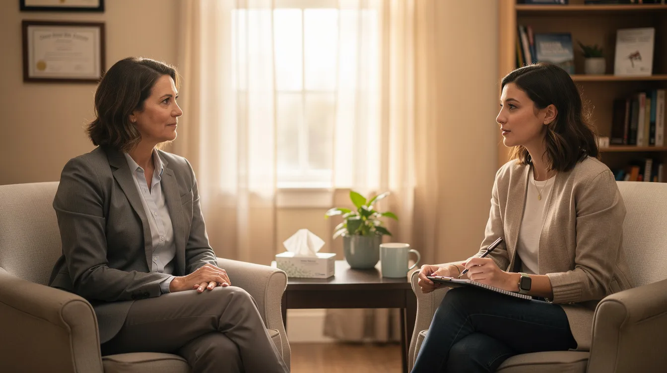 The image depicts a professional counselor engaged in a clinical supervision session with a supervisee in a calm office setting. They are discussing important aspects of mental health practice, emphasizing professional development and the requirements for maintaining ACS credentials.