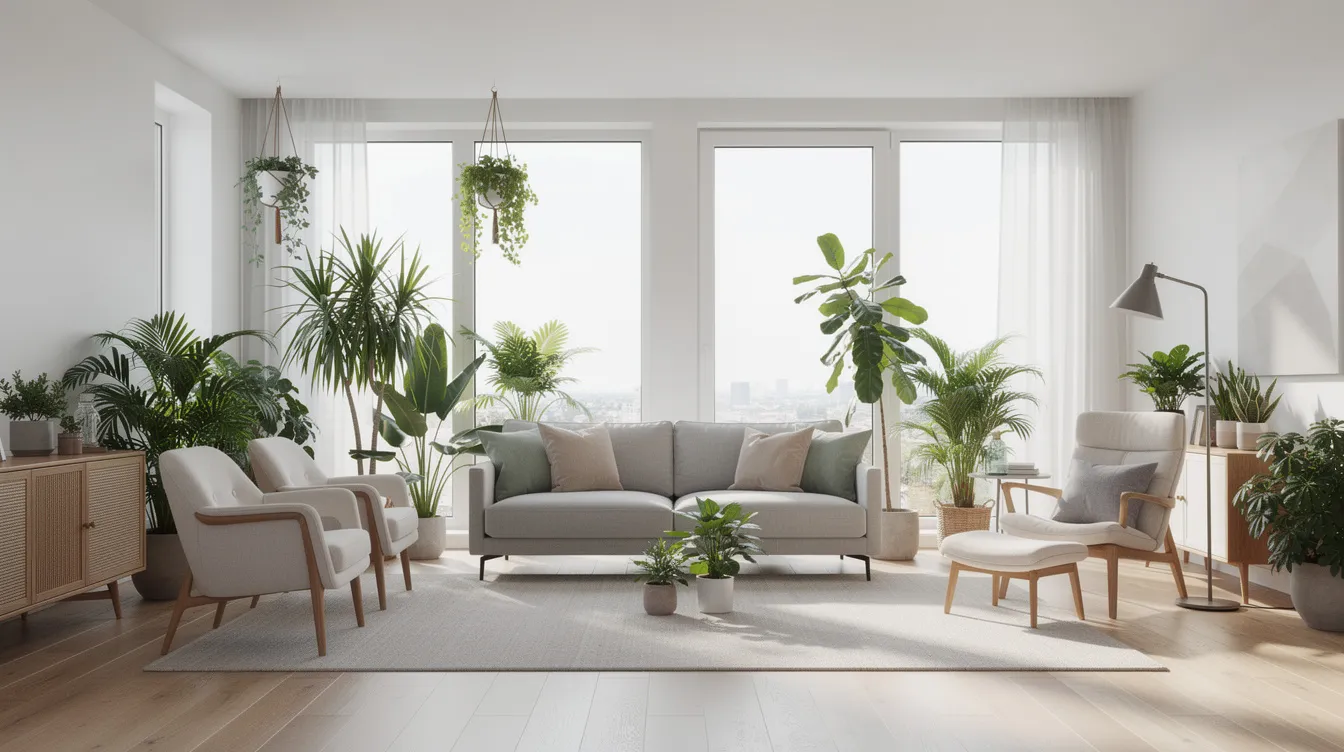 Een lichte open leefruimte met verschillende losse zitplekken, waaronder comfortabele stoelen en een chaise longue, omringd door veel groene planten. De praktische indeling zorgt voor een gezellige hoek waar mensen kunnen ontspannen of tv kunnen kijken.