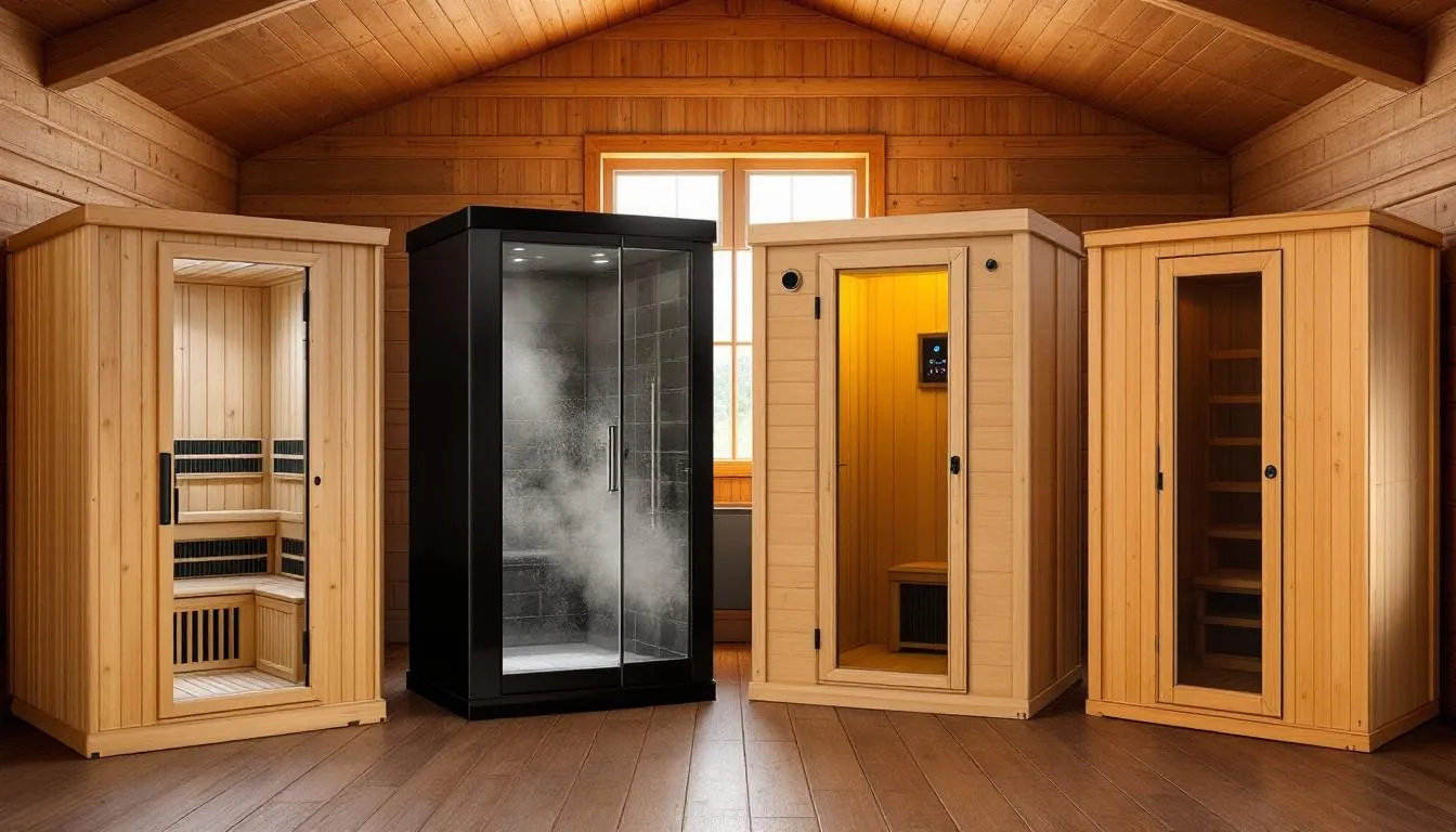 The image showcases various types of saunas, including traditional Finnish saunas, infrared saunas, and outdoor saunas, each designed to offer unique wellness benefits. These home saunas feature different heating elements, such as wood-burning stoves and infrared panels, providing options for sauna bathing that cater to personal preferences and health needs.