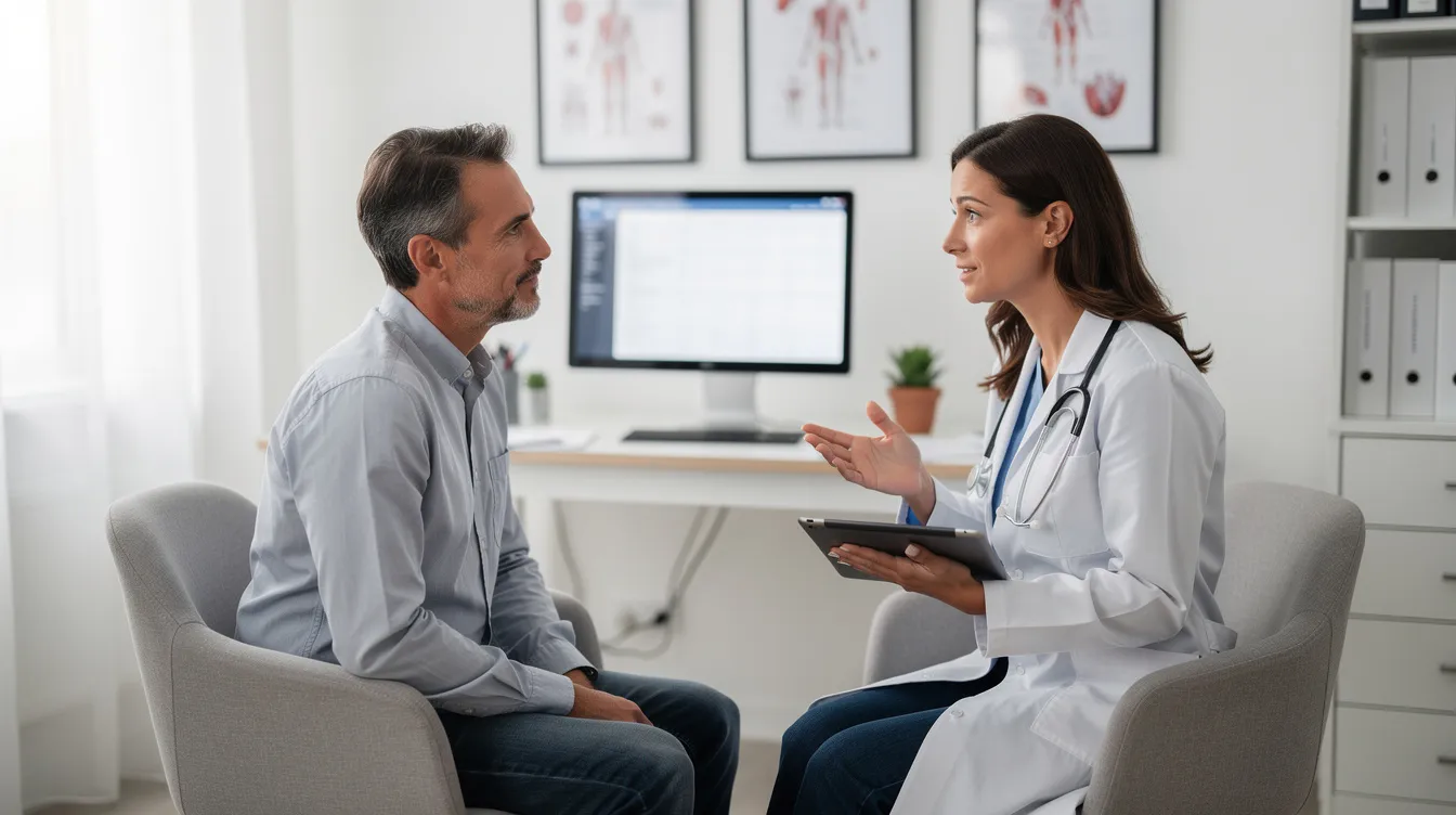 The image shows a patient engaged in a consultation with a healthcare provider in a medical office, discussing topics related to healthy aging and the use of dietary supplements like calcium alpha ketoglutarate to support bone health and overall longevity. The healthcare provider appears attentive, emphasizing the importance of maintaining a healthy lifestyle for optimal biological age and general health.