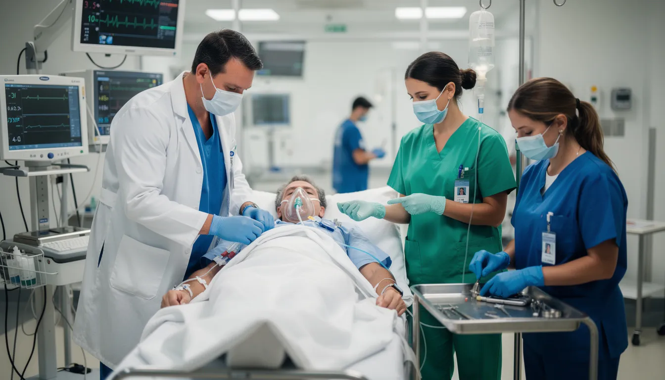 In a busy hospital emergency room, medical professionals are attending to a patient on a stretcher, showcasing the urgent care provided to individuals suffering from serious injuries, such as those that can arise from a delivery truck accident. The scene highlights the importance of experienced truck accident attorneys who can assist victims in navigating the complexities of medical expenses and insurance claims.