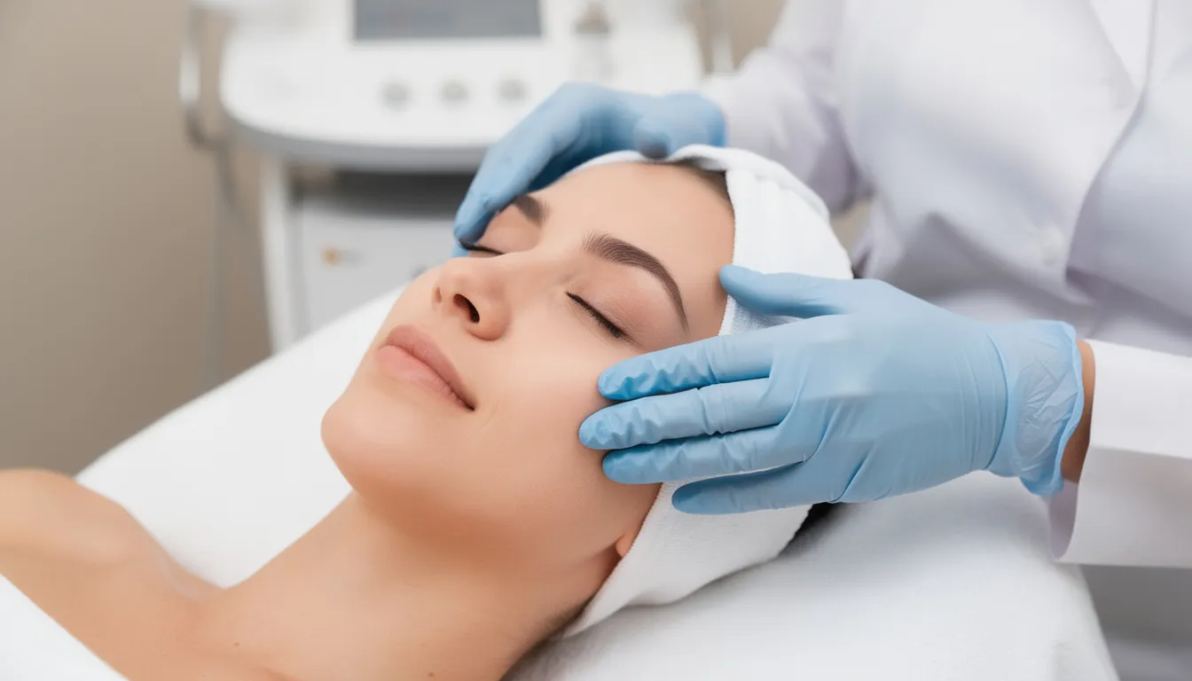 Na zdjęciu widać dłonie kosmetologa w rękawiczkach, które wykonują zabieg mezoterapii igłowej na twarzy klientki. Proces ten ma na celu odżywienie skóry oraz poprawę jej kondycji dzięki wprowadzeniu substancji aktywnych, co przyczynia się do młodzieńczego wyglądu.