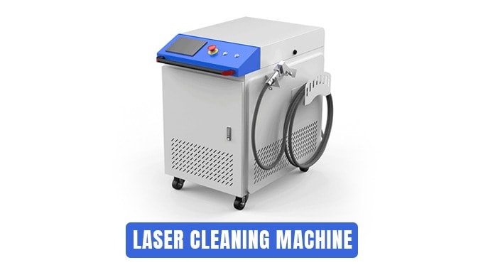 Portable industrial laser cleaning machine with control panel and attached nozzle.