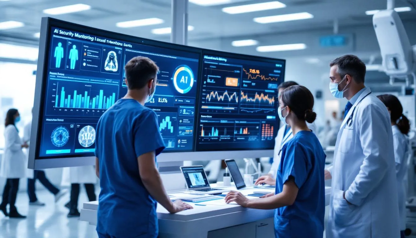 The image depicts healthcare professionals actively using AI diagnostic tools while monitoring a security interface that emphasizes zero trust principles. This setup highlights strict access controls and continuous monitoring to protect sensitive data from emerging threats and cyber risks.