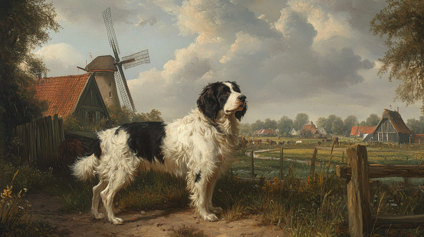 A Stabyhoun standing in a traditional Netherlands countryside