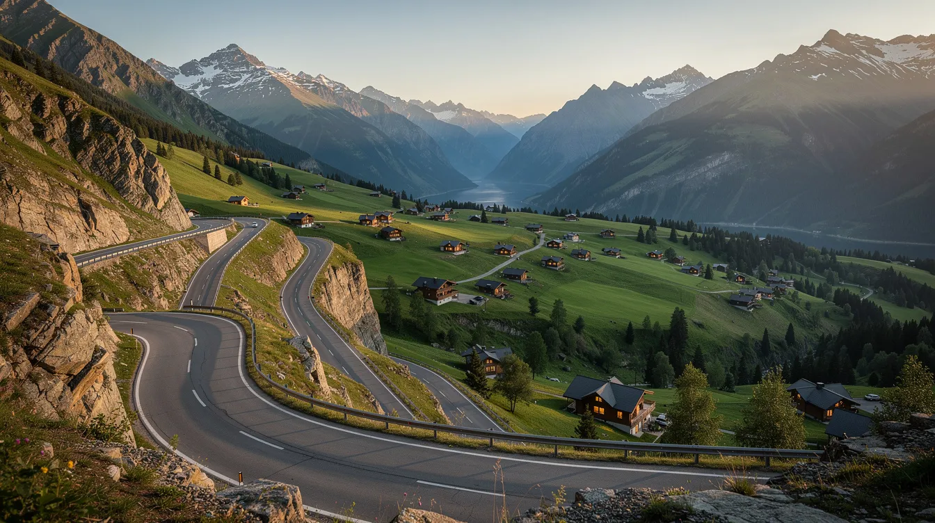 The image depicts a winding mountain road leading into a picturesque valley where scattered resort cottages are visible in the distance, highlighting the potential for resort development in a serene natural setting. This scene suggests opportunities for hotel or resort projects, appealing to property owners and developers interested in hospitality projects.