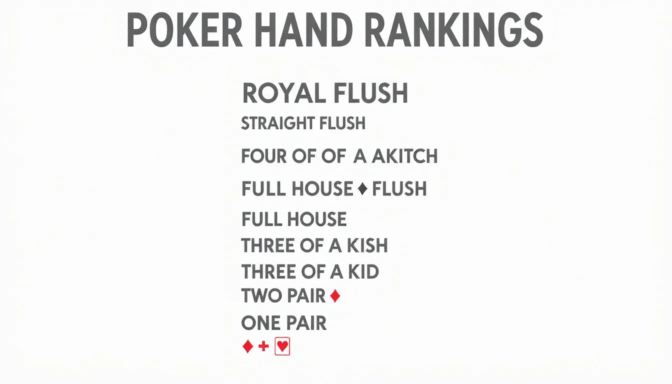Die Grafik zeigt die Pokerhand-Rangfolgen, einschließlich Kombinationen wie Royal Flush, Straight Flush und Four of a Kind, um die verschiedenen Kartenkombinationen und deren Wert beim Pokerspiel zu verdeutlichen. Diese visuellen Darstellungen helfen Spielern, die Pokerterminologie und Strategien besser zu verstehen.