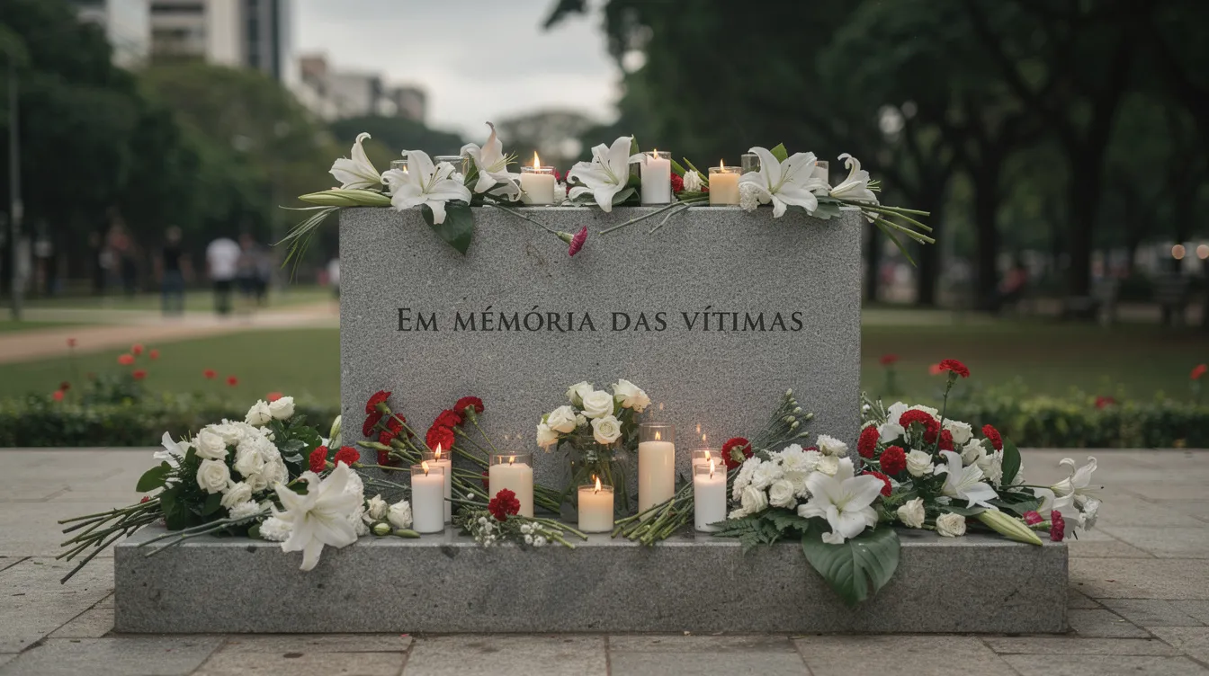 Um memorial de pedra ao ar livre, adornado com flores e velas, presta homenagem às vítimas dos campos de concentração nazistas, simbolizando a memória de milhões de pessoas que sofreram durante a Segunda Guerra Mundial. A cena evoca um profundo respeito e reflexão sobre os horrores do regime nazista e o extermínio de judeus e outras minorias.