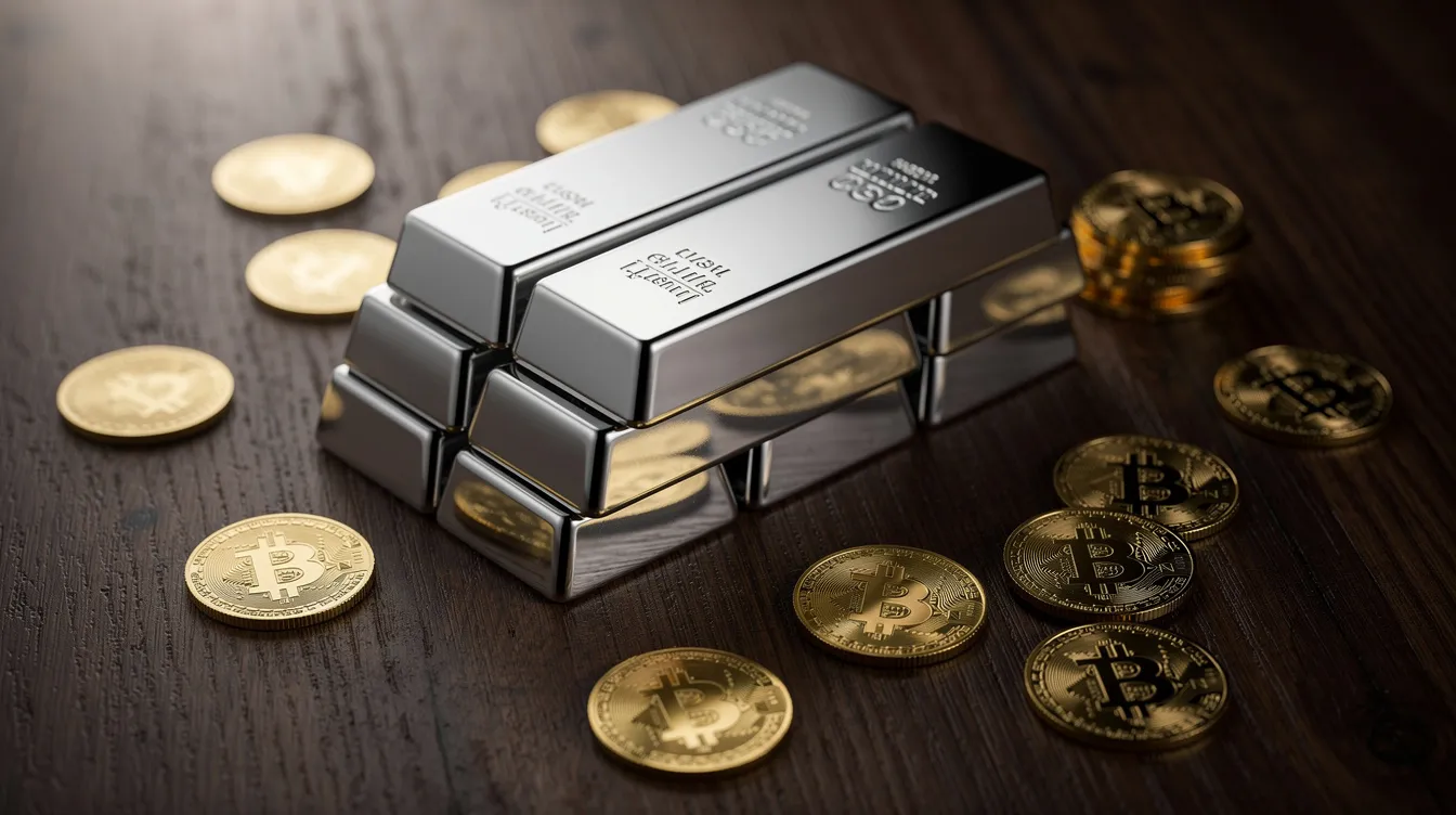 Wholesale Precious Metals: Silver and Gold for Stackers and Resellers 14 Stacked silver bars and gold coins on a dark wooden surface