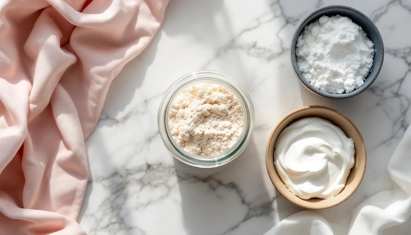 An overhead view showcases a clean arrangement of ingredients on a white marble surface, including coconut milk, protein powder, and Greek yogurt, all bathed in natural daylight. The aesthetic highlights the simplicity of these ingredients, perfect for creating high protein ice cream bars.