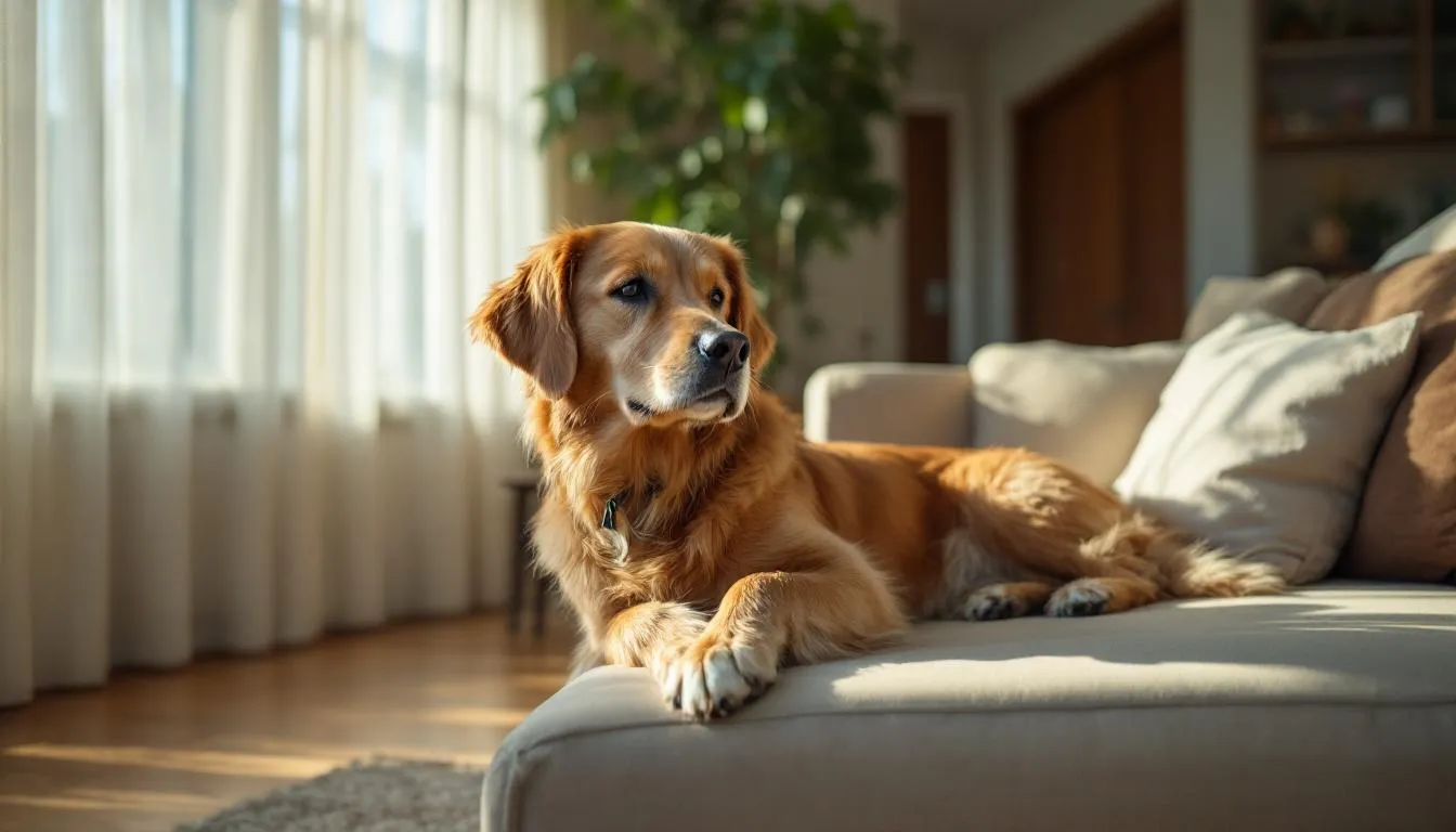 A calm golden retriever is sitting peacefully in a cozy living room, embodying the gentle demeanor characteristic of calm dog breeds. This affectionate dog radiates tranquility, making it an ideal companion for families and pet parents alike.