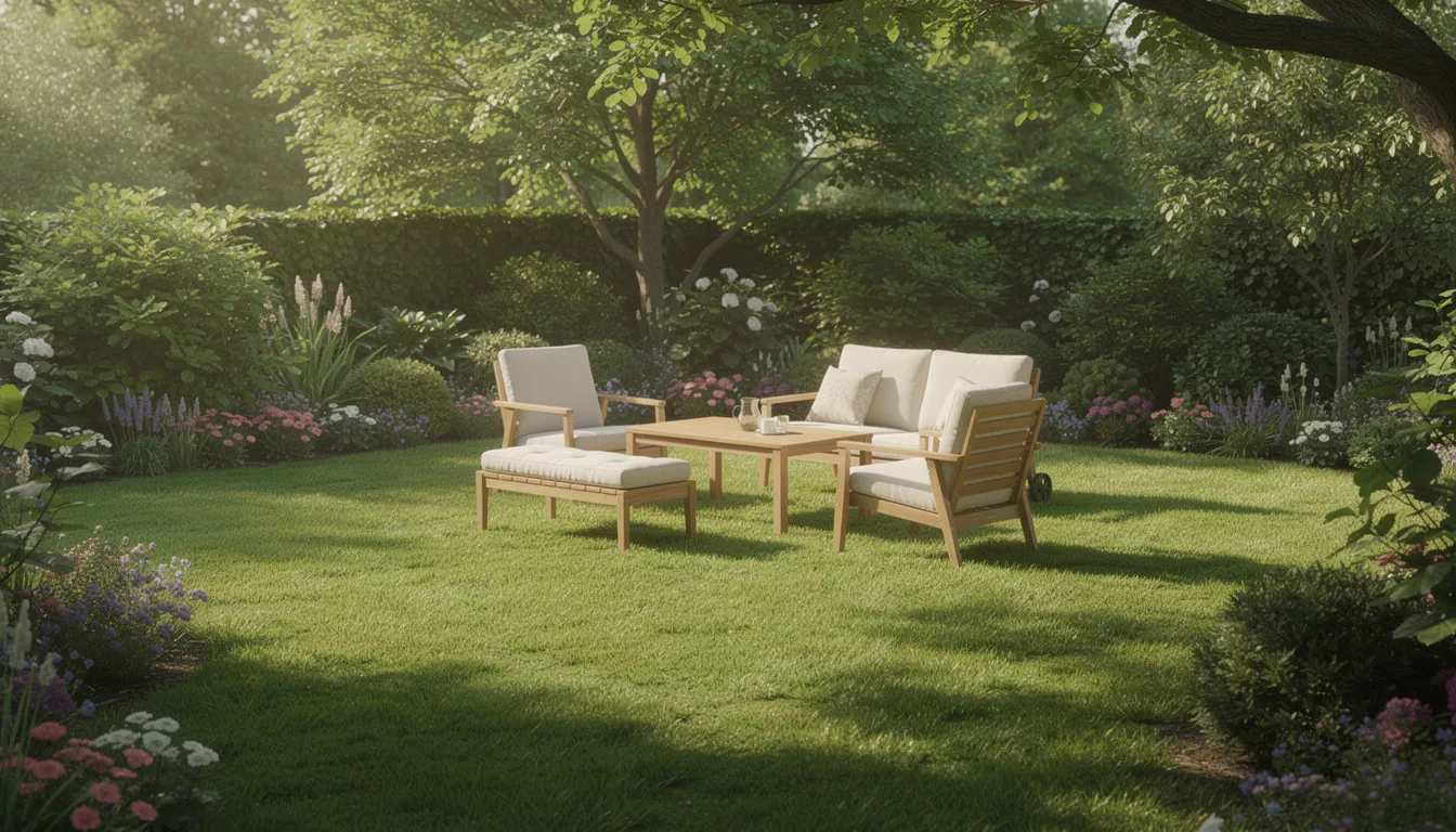 The image depicts a lush green garden lawn adorned with comfortable outdoor furniture, all bathed in dappled sunlight typical of summer. This vibrant scene showcases a healthy lawn, perfect for relaxation and enjoying the beauty of nature.
