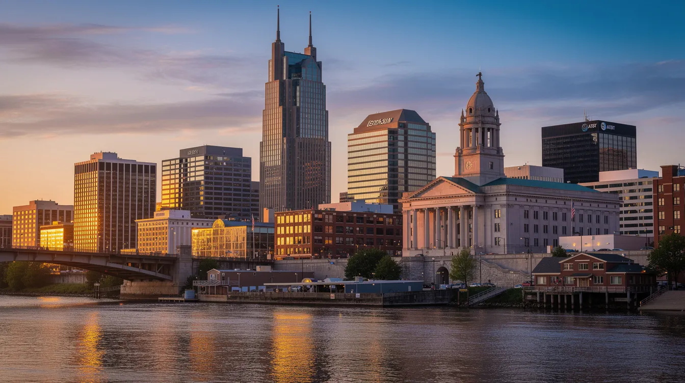 The image depicts the Nashville downtown skyline, prominently featuring the courthouse amid modern skyscrapers. This scene captures the essence of Tennessee's legal landscape, where issues like DUI arrests and implied consent laws play a significant role in the community.