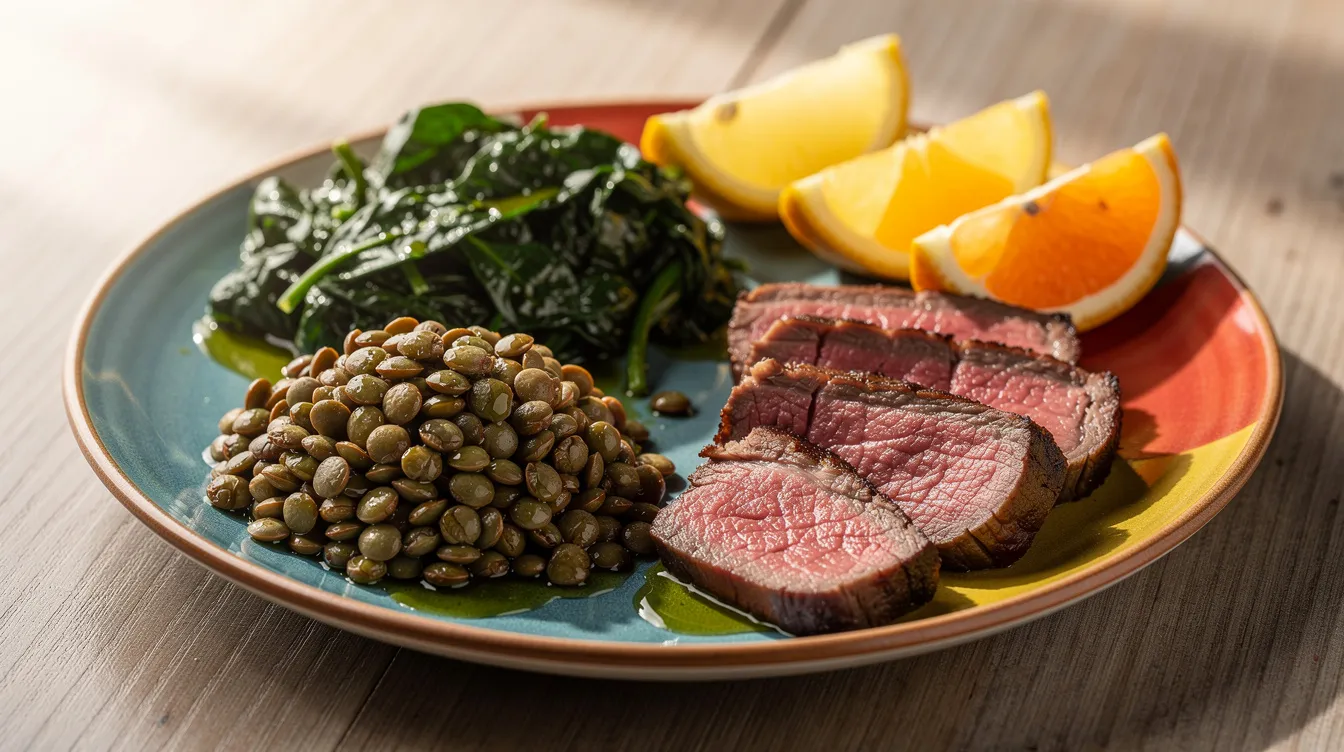 L'image montre une assiette colorée remplie d'épinards frais, de lentilles, de viande rouge et d'agrumes, illustrant un repas riche en fer, bénéfique pour la santé des femmes. Ce plat peut être une bonne option pour celles qui s'inquiètent de la prise de poids ou de l'anémie.