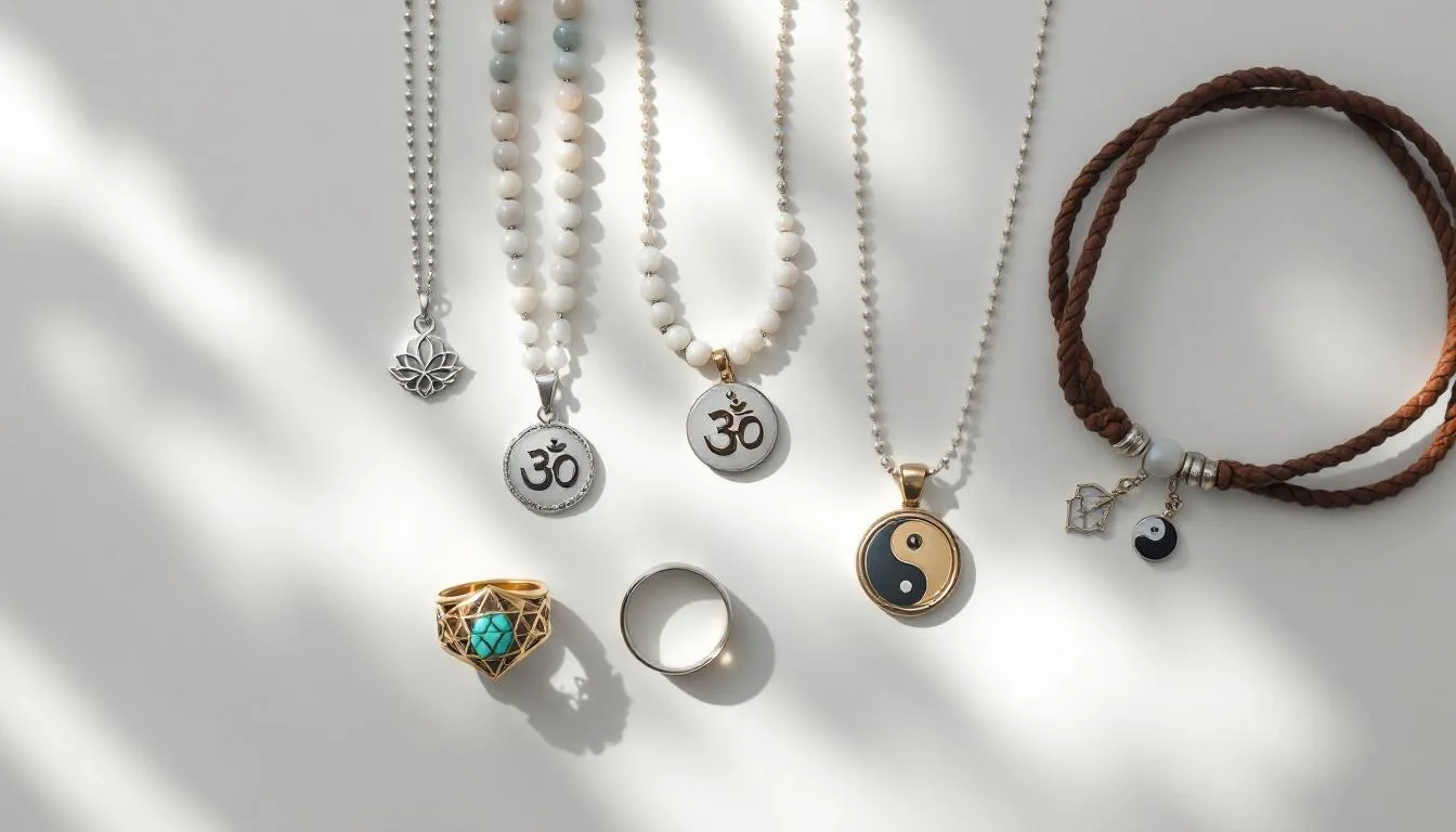 An image showcasing eight essential spiritual jewellery pieces, featuring a stylish arrangement of layered necklaces in varying lengths. This layered look combines delicate chains, statement necklaces, and silver pendants, creating depth and visual interest while incorporating different textures and metals for a unique style.