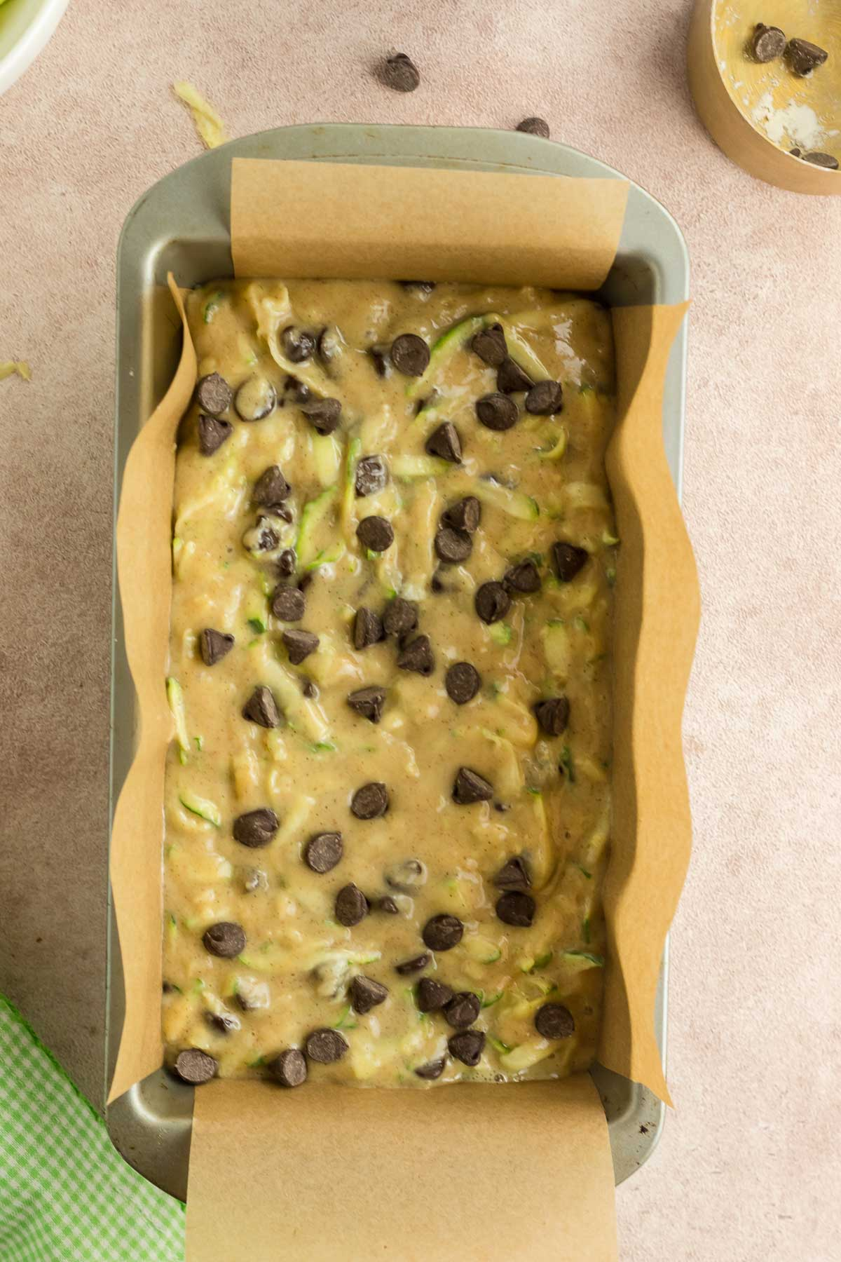 unbaked chocolate chip zucchini bread in loaf pan