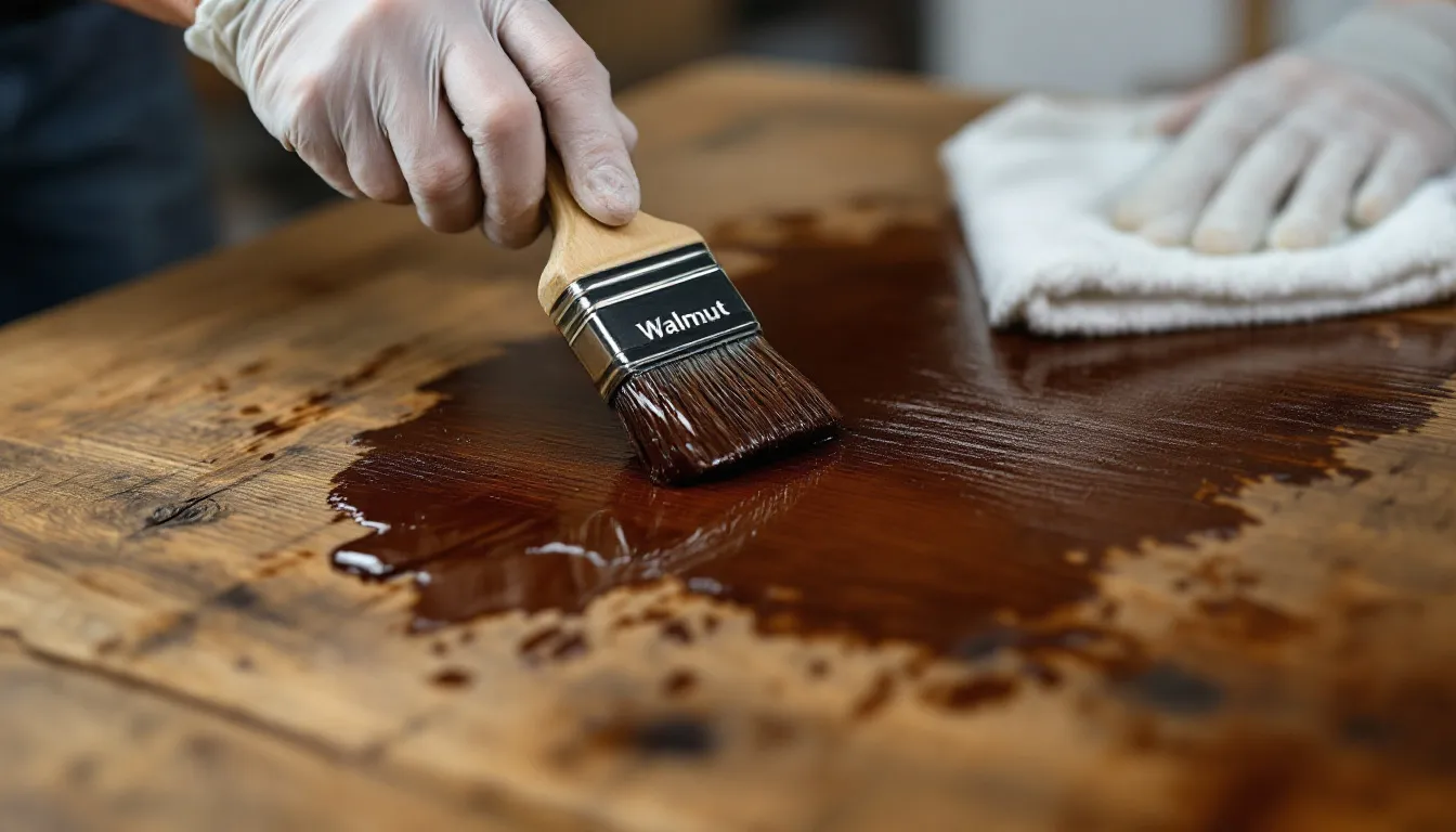 Applying wood stain to a tabletop as part of the refinishing process.