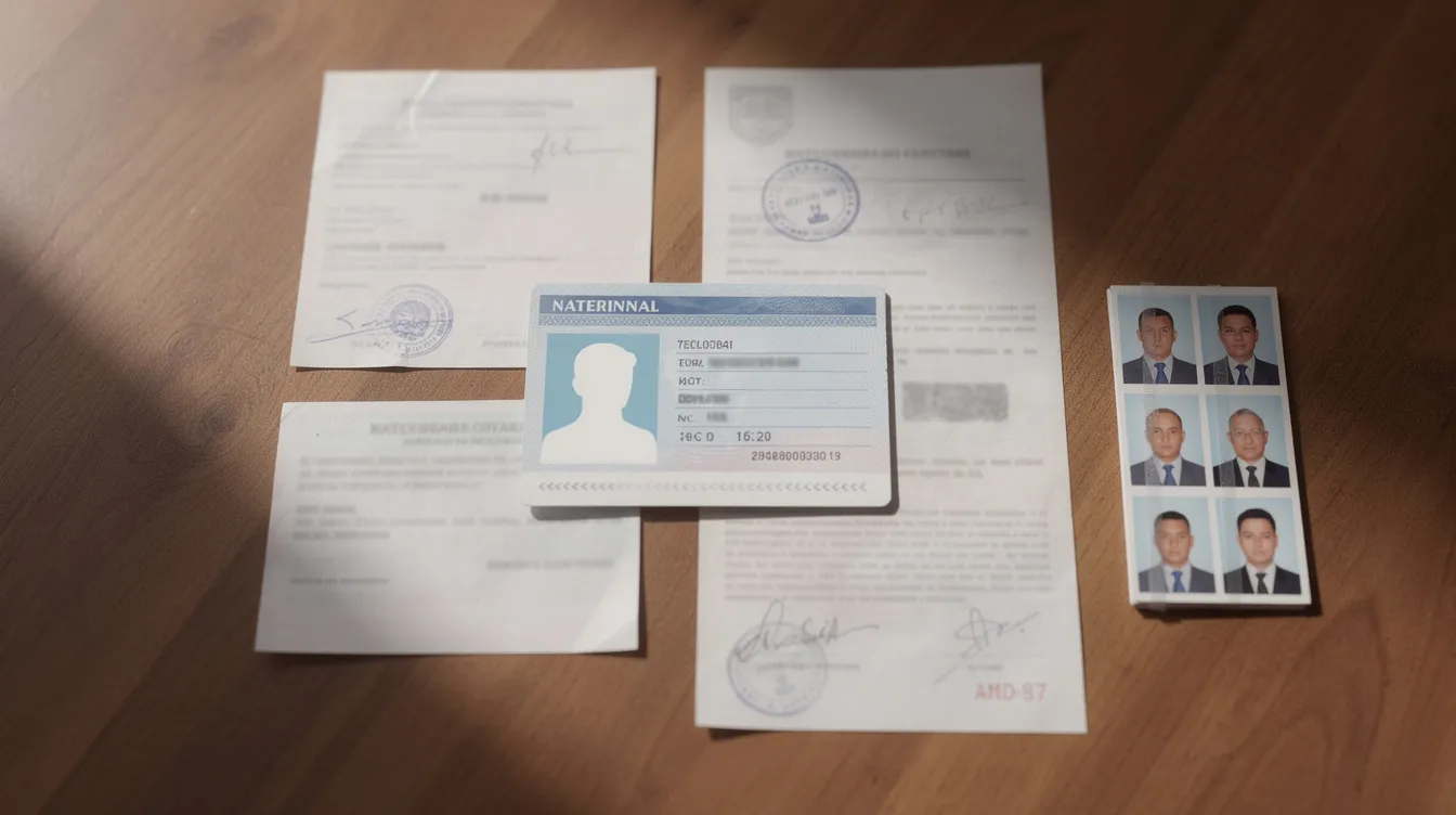 The image shows official identity documents, including a national ID card and photographs, neatly arranged on a wooden desk, symbolizing the essential paperwork for individuals seeking financial assistance through programs like the Himmat Card in Pakistan. This setup reflects the importance of proper documentation for accessing social welfare services and support for persons with disabilities.
