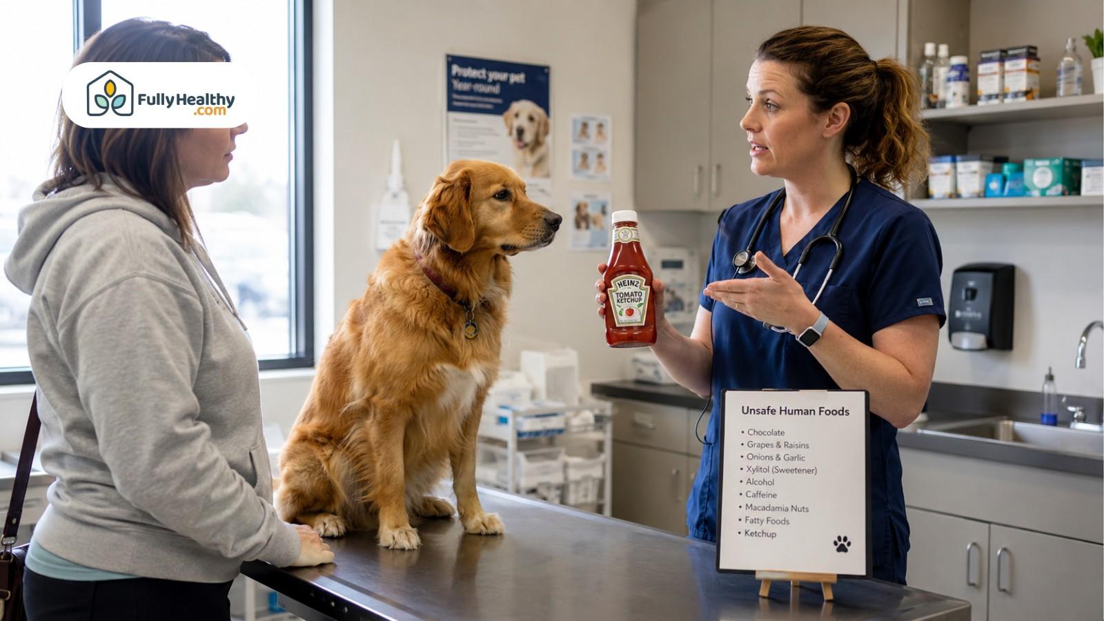 Veterinarian explaining ketchup and unsafe human foods to dog owner in clinic