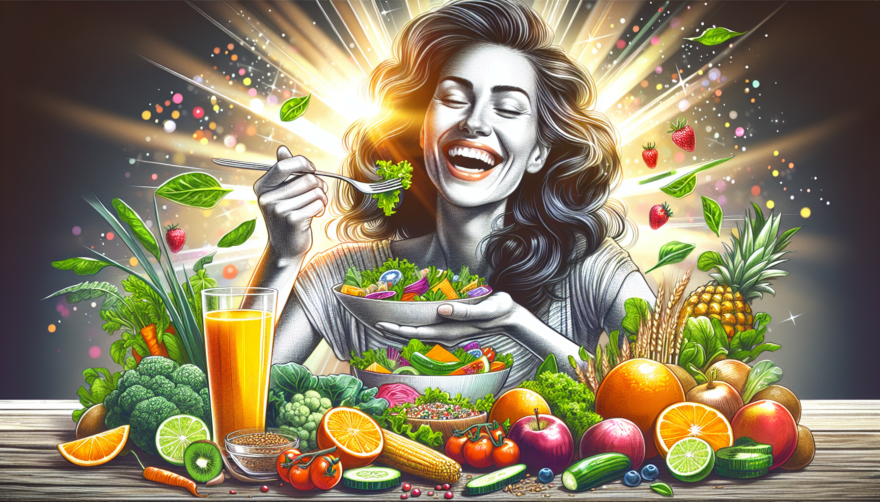 Vrouw die gezonde voeding eet met verschillende vitamines en mineralen