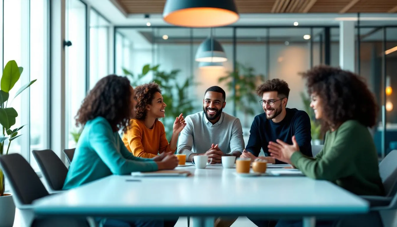A diverse group of individuals discussing opportunities for all in a collaborative setting.
