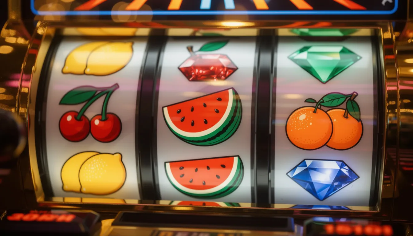 En färgglad spelautomat snurrar med frukt- och ädelstenssymboler på hjulen, vilket skapar en livlig atmosfär som på ett kasino i Las Vegas. Denna bild fångar känslan av spänning och underhållning som erbjuds på Lucky Vegas casino.