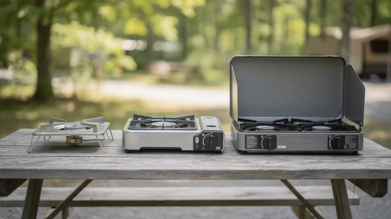 The image features three camping stoves lined up on a wooden picnic table, showcasing a size comparison between a small flat metal camp stove, a medium single-burner butane stove, and a larger two-burner propane unit, ideal for outdoor cooking and camping adventures. Each stove is designed for easy transport and efficient cooking, making them perfect for various camping needs.