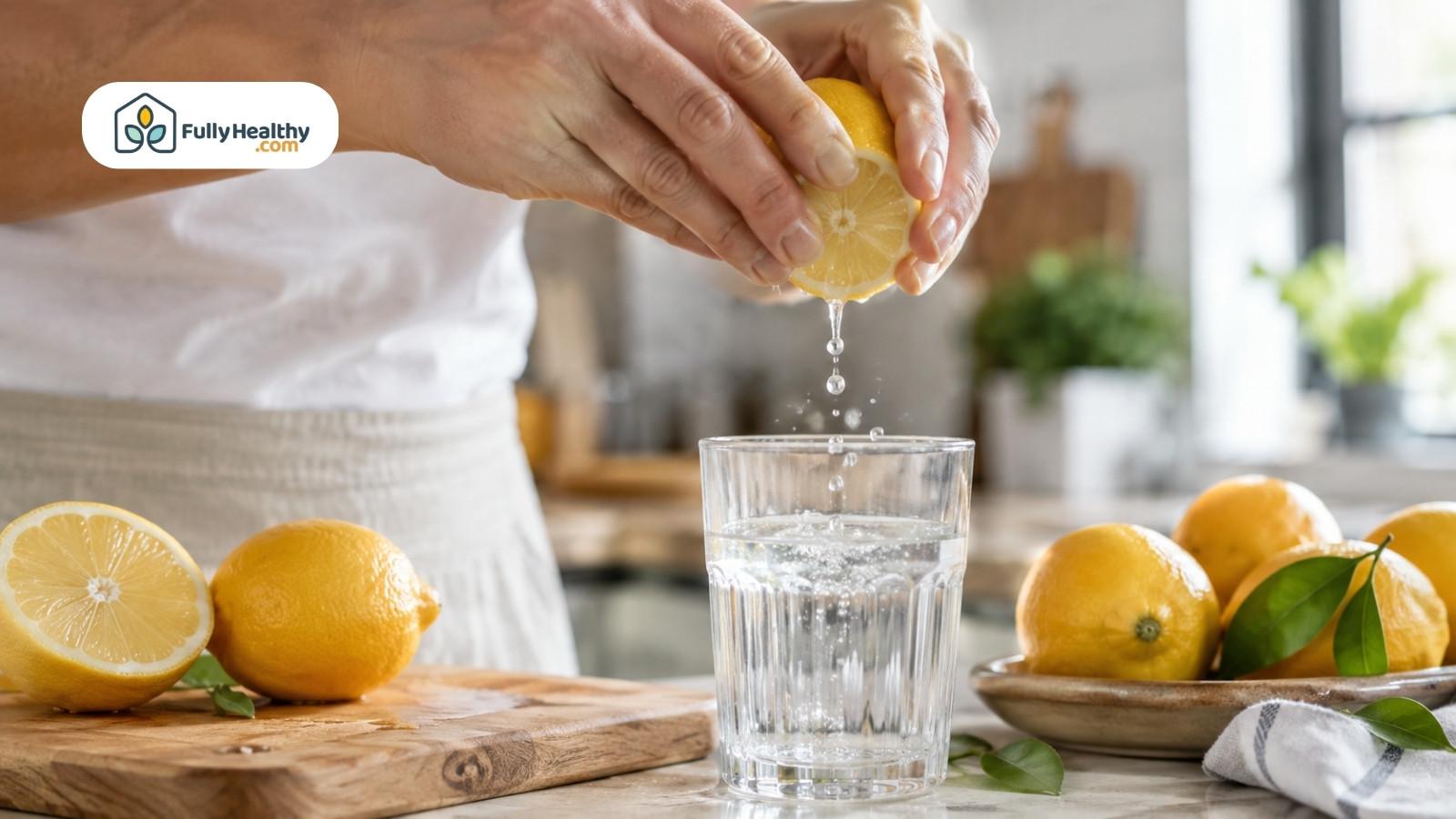 Hands squeezing fresh lemon juice into water beside whole lemons in bright kitchen